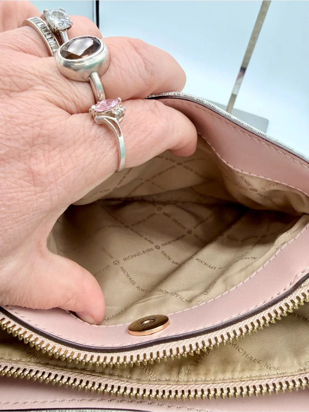 Michael Kors Nicole Large Logo Crossbody Bag Vanilla MK Signature Blush Pink